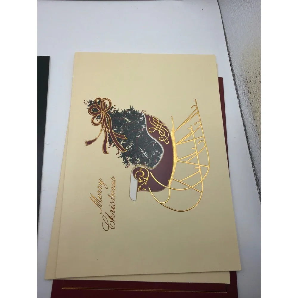 Assorted Christmas Holiday Greeting Cards Gold Foil Sleigh Ornaments Set of 4